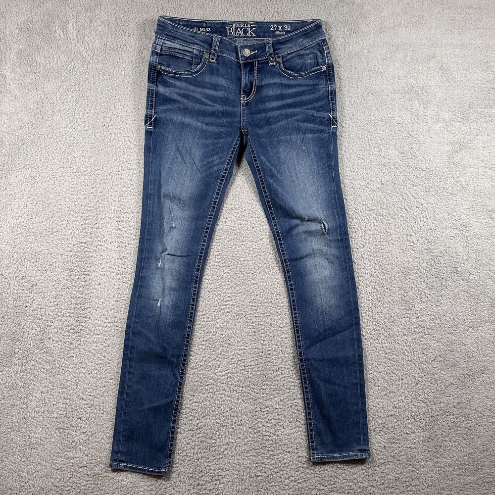 Buckle Black Skinny Jeans Womens 27x32 Blue Distressed‎ Fit No.53 Denim Stretch